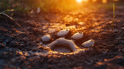 Poster - Close-up of a wet animal paw print in muddy soil at sunset.