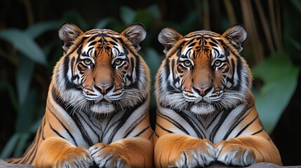 Wall Mural - Two majestic Malayan tigers sitting side-by-side, facing the camera, in a lush green jungle setting.