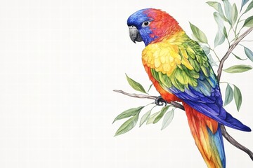 Poster - Bright parrot perched on a branch with vibrant feathers and ample copy space for your text or design needs. Generative AI