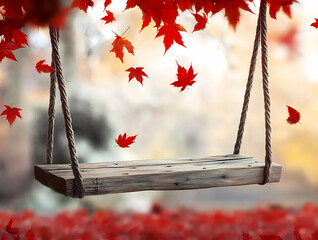 Wall Mural - Rustic wooden swing hanging from tree with falling autumn leaves.