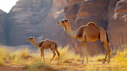 Poster - Adult camel and calf standing in desert landscape at sunset.