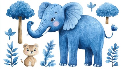 Wall Mural - Cute watercolor blue elephant and lion cub with blue plants and trees.