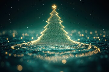 Poster - silhouette of a christmas tree made of glowing white dots against a dark background