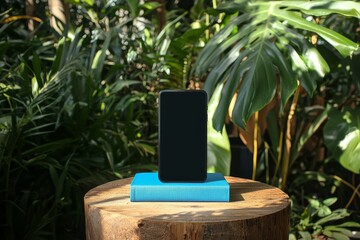 Poster - Thismockup showcases a focused composition of a smartphone and book on a wooden table in a coffee shop