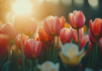Poster - Tulips glowing in warm sunlight, creating a dreamy spring atmosphere with vibrant colors and soft focus. Flowers background
