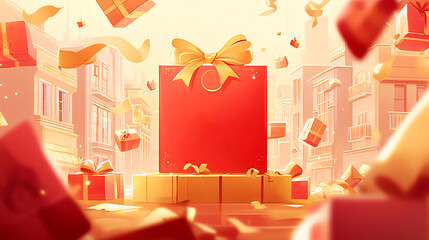 Wall Mural - Red gift card mockup amidst falling presents and city backdrop.