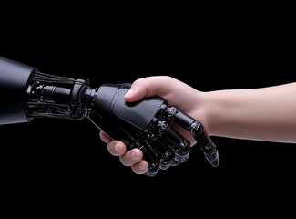 Poster - A human and a robot engage in a handshake. This is a stock photo representing the concept of the future.