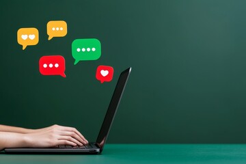 Poster - A businessman uses a computer with a chatbot interface for continuous customer service.
