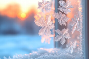 Poster - Frosty window patterns with ice crystals illuminated by a winter sunset