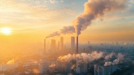 Wall Mural - Panoramic View of Downtown with Smoky Emissions at Sunset