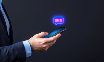 Poster - A digital chatbot, conversational agent, robot application, or conversation assistant that replicates human speech. A hand holds a smartphone displaying a virtual screen with a digital AI chatterbot.
