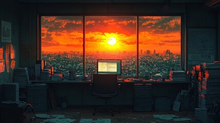 Poster - A room houses a computer desk positioned near a window