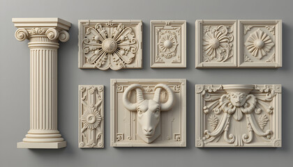 Wall Mural - ornate architectural elements including columns and reliefs in classical style on a gray background