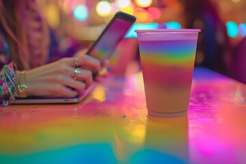 Poster - In a coffee shop setting, a woman utilizes her mobile phone and laptop for online shopping, conducts a digital payment via a mobile banking app, browses the internet, and interacts with social media