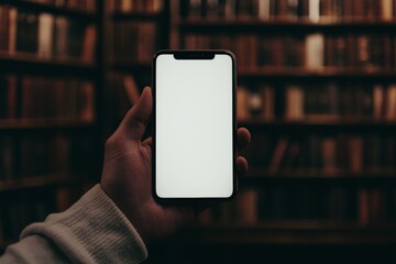 Poster - in a blurred coffee shop, a male hand is shown holding a smartphone with a blank interface