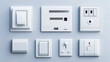 © Sehraye - Square rectangular and round white wall switch and sockets. Set of different types of power switches. Power electrical socket electricity turn off and on plug realistic pictures.