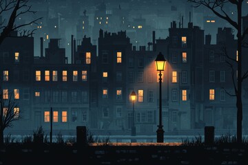 Aufkleber - Mysterious dark cityscape with faintly illuminated windows and a street lamp glowing softly at night. Generative AI