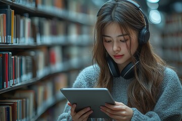 Poster - Within the college library, a young Asian female student interacts with a digital tablet