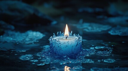 Poster - Blue ice candle burning in water.