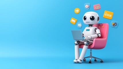 Poster - The concept of stock and chatbot technology in laptops with a blue background replacing human jobs through stock robots.