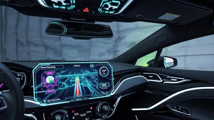 Aufkleber - Modern car interior showcases advanced dashboard technology and sleek design elements during nighttime drive