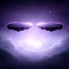 Canvas Print - Two floating islands in a purple, starry sky above clouds.