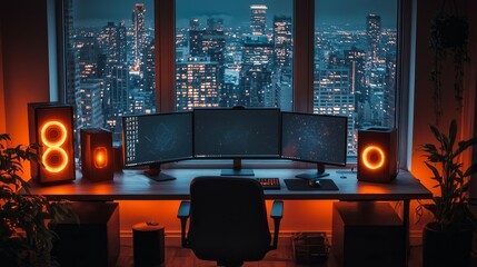Poster - A high-tech corporate remote workspace equipped with multiple screens, a high-end ergonomic chair, and sleek modern decor