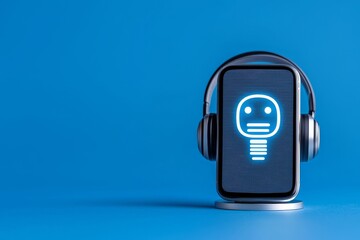 Poster - Accessing information is made easy through voice recording and AI-enhanced internet search. A businessman uses his smartphone to talk with an AI chatbot, displaying a voice icon on a virtual screen.