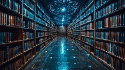 A modern library filled with books neatly arranged on shelves, paired with a computer interface that includes futuristic digital elements, symbolizing a harmonious fusion of tradition and technology