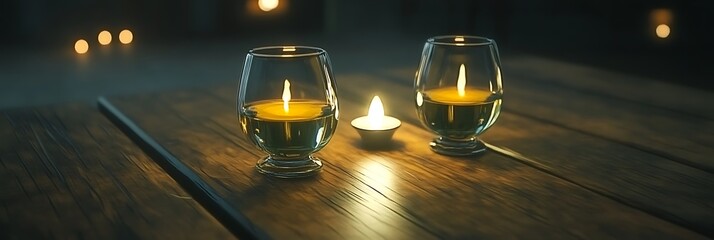 Canvas Print - Two glasses with candles on wooden table at night.