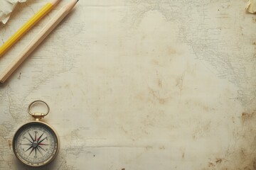 Poster - Vintage map with compass and pencil for exploration and adventure planning. Generative AI