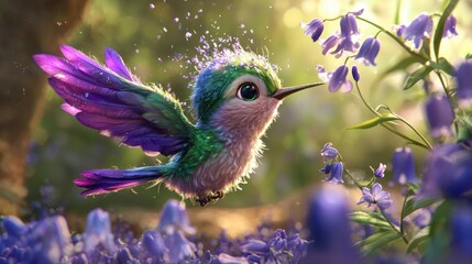 Wall Mural - Adorable cartoon hummingbird hovering near purple flowers.