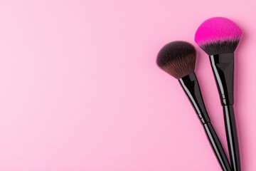 A stylish layout featuring beauty and cosmetic makeup products. A fashion-forward woman's makeup brushes. A creative and fashionable design background. A collection of cosmetics and makeup brushes,