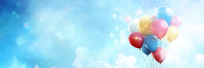 Poster - Colorful balloons floating gracefully in a bright blue sky during a sunny afternoon. Generative AI