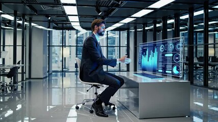 Aufkleber - Business professional analyzes data in modern office environment with high-tech screens