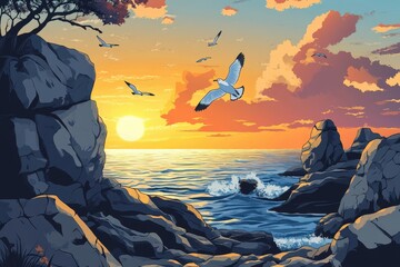 Wall Mural - Majestic Sunset Over Coastal Rocks With Birds In Flight