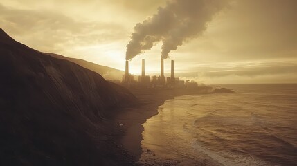 Wall Mural - Smoky Factories Under Cloudy Golden Skies