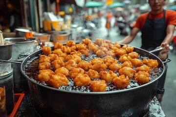 Wall Mural - Street food vendor deep-frying golden-brown balls of dough in a large wok.