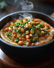 Wall Mural - Steaming hot savory pancake topped with beans and chives in a cast iron skillet.