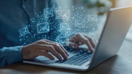 Poster - Digital Correspondence: A person's hands actively typing on a laptop keyboard, surrounded by a vibrant, digital swarm of email icons.