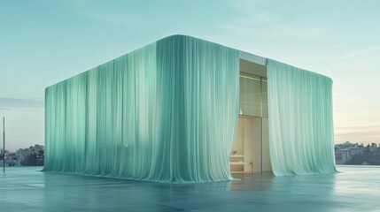 Canvas Print - Modern cube-shaped building draped in teal fabric curtains.