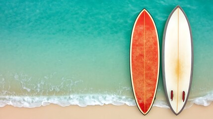 Two surfboards on sandy beach near ocean waves.