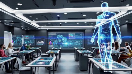 Poster - Innovative classroom scene showcasing holographic technology enhancing student engagement and learning experience