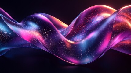 Poster - Abstract liquid glass holographic iridescent neon curved wave in motion on a dark background, 3D render