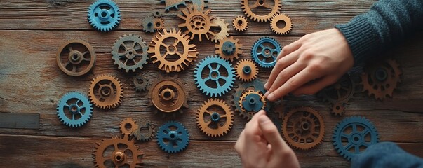 Wall Mural - Hands holding colorful gear cutouts on a wooden table, symbolizing teamwork, diversity, and collaboration in business, leadership, and inclusive employment.