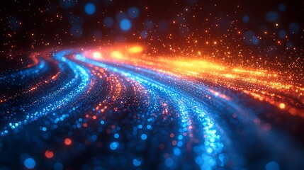 Poster - a futuristic computer-generated scene featuring glowing light rays emanating from a blue gradient ab