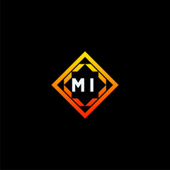 MI initials dynamic geometric logo design features a bold lettering sign in an orange and black color scheme, displayed against a dark background