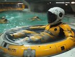 © gedang - Astronaut in yellow suit relaxes in futuristic pool.