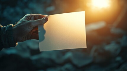 Poster - Hand holding blank white paper against sunset.