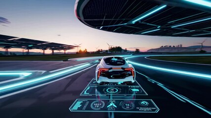 Poster - Innovative electric vehicle technology showcased on a futuristic virtual track at sunset